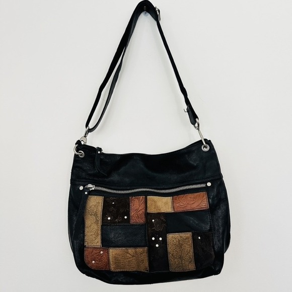 Fossil Shoulder Bag Black Patchwork Leather Boho Y2K 2000 Adjustable Strap Purse - Picture 1 of 12